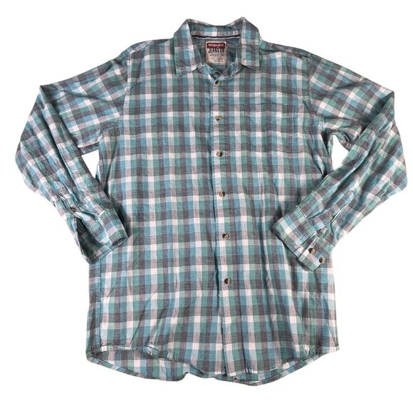 Wrangler Jeans Co Button Up Collared Shirt Men's M Blue Green Plaid Long Sleeve - Picture 1 of 8